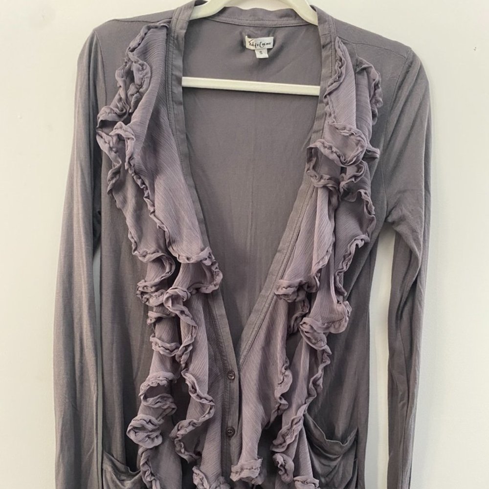 Foley + Corinna Gray Ruffle Front Cardigan W/ Pockets Sz S